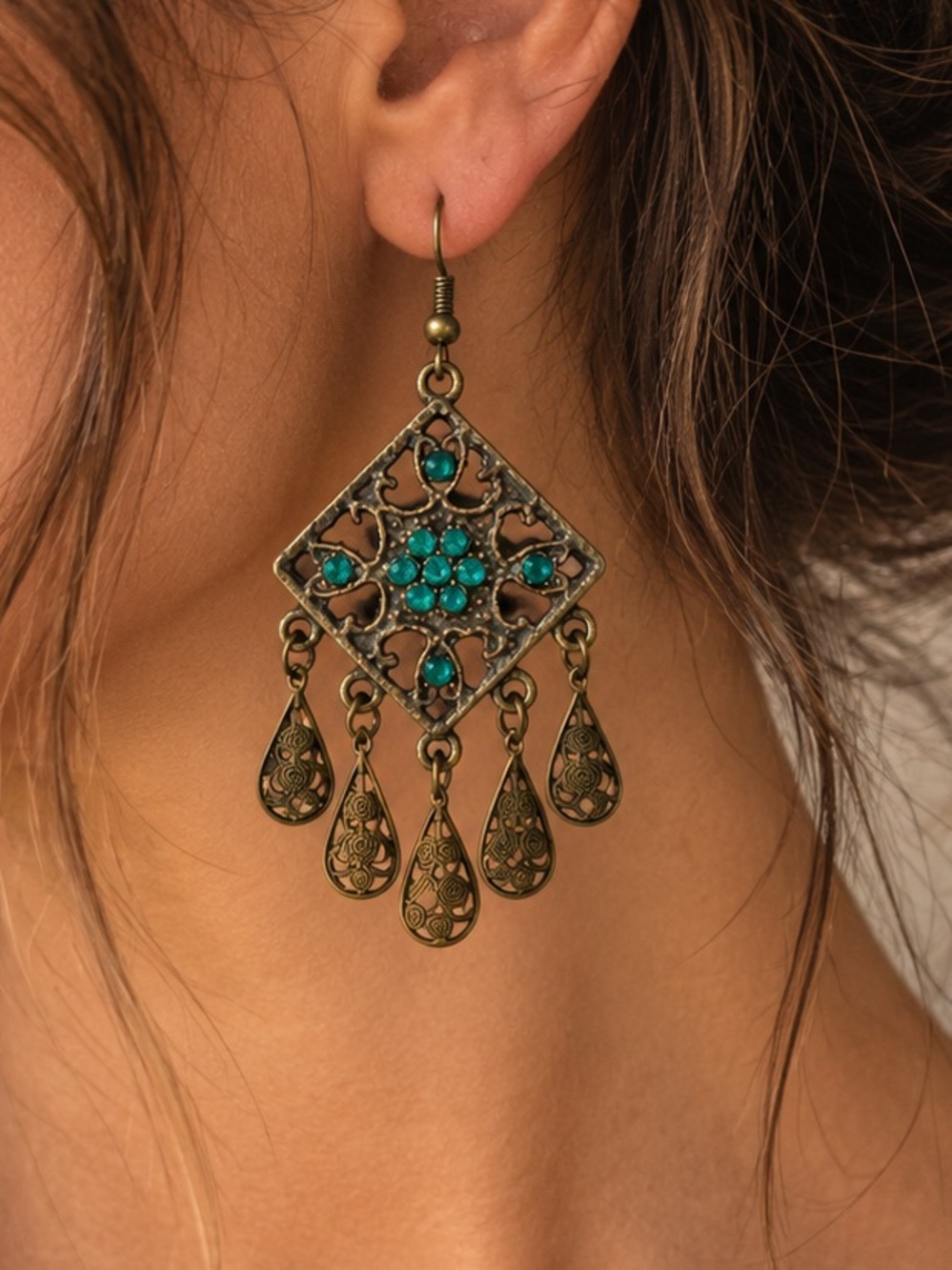 Vintage Bronze Tone Green Filigree Dangle Earrings
